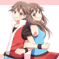 Rule 34 | 1boy, 1girl, blue shirt, blush, brown eyes, brown hair, commentary request, creatures (company), eyelashes, from side, game freak, grin, jacket, leaf (pokemon), locked arms, long hair, looking at viewer, nintendo, pants, parted lips, pokemon, pokemon frlg, popped collar, red (pokemon), red jacket, red skirt, scbstella, shirt, short hair, short sleeves, skirt, sleeveless, sleeveless jacket, sleeveless shirt, smile, teeth, wristband