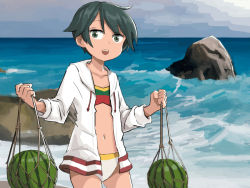 Rule 34 | 1girl, bikini, black hair, blue sky, cloud, collarbone, commentary, cowboy shot, day, english commentary, flat chest, food, fruit, green eyes, hood, hooded jacket, hoodie, jacket, kantai collection, mismatched bikini, mogami (kancolle), navel, ocean, open clothes, open jacket, outdoors, rock, short hair, sixten, sky, solo, standing, swept bangs, swimsuit, watermelon, white bikini, white jacket