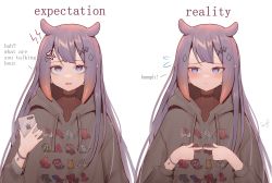 Rule 34 | 1girl, absurdres, anger vein, blue eyes, blush, bracelet, cellphone, choker, english text, expectations/reality, fang, flying sweatdrops, gradient hair, hair ornament, hairclip, highres, holding, holding phone, hololive, hololive english, hood, hoodie, index fingers together, jewelry, long hair, long sleeves, mole, mole under eye, multicolored hair, ninomae ina&#039;nis, octopus print, open mouth, orange hair, phone, pointy ears, pout, print hoodie, purple hair, signature, simple background, smartphone, solo, szuukie, tentacle hair, upper body, very long hair, virtual youtuber, white background