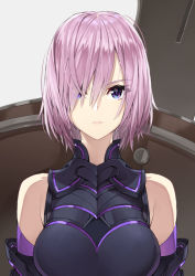 Rule 34 | 1girl, armored leotard, bad id, bad pixiv id, bare shoulders, black leotard, blue eyes, closed mouth, commentary request, fate/grand order, fate (series), grey background, hair over one eye, leotard, looking at viewer, mash kyrielight, pink hair, shield, short hair, simple background, solo, v-shaped eyebrows, yahako