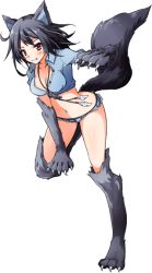 Rule 34 | 1girl, animal ears, animal hands, artist request, black hair, blue shirt, breasts, claws, cleavage, denim, denim shorts, fang, full body, jewelry, long hair, lyca (monster musume), medium breasts, midriff, monster musume no iru nichijou, monster musume no iru nichijou online, navel, necklace, official art, red eyes, shirt, short shorts, shorts, solo, tail, transparent background, wolf ears, wolf girl, wolf tail