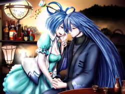 Rule 34 | 1boy, 1girl, alcohol, aqua shirt, aqua skirt, bell, blouse, blue eyes, blue hair, blue jacket, blush, bottle, breasts, chinese clothes, cleavage, closed mouth, collarbone, colored sclera, commentary request, crying, crying with eyes open, cup, desk lamp, eye contact, eyebrows, fingernails, floral print, frilled skirt, frills, hair ornament, hair rings, hair stick, hand on another&#039;s arm, hand on another&#039;s face, indoors, interlocked fingers, jacket, jingle bell, kaku seiga, lamp, lantern, large breasts, leaning forward, light smile, lipstick, liquor, long hair, looking at another, makeup, nose, open clothes, open mouth, open vest, orange sky, parted lips, puffy short sleeves, puffy sleeves, red lips, red sclera, redoredo (godprogress), sanpaku, shelf, shirt, short sleeves, sitting, skirt, sky, standing, streaming tears, sunset, table, tears, tongue, touhou, tree, vest, white vest, wooden table