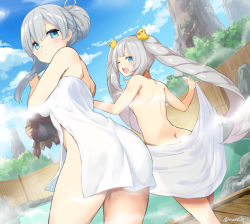 Rule 34 | 2girls, ;d, anastasia (fate), arms up, ass, back, bare shoulders, blue eyes, blue sky, blush, breasts, butt crack, cloud, convenient arm, day, doll, dutch angle, fate/grand order, fate (series), from behind, hair bun, hair ornament, holding, long hair, looking at viewer, looking back, marie antoinette (fate), medium breasts, mountain, multiple girls, naked towel, nude, one eye closed, onsen, open mouth, outdoors, ponytail, rock, round teeth, rubber duck, rubber duck hair ornament, shoulder blades, sideboob, single hair bun, sky, small breasts, smile, steam, teeth, thighs, towel, twintails, twitter username, tyone, upper body, very long hair, w arms, water