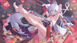 1girl :d absurdres aerial_fireworks armpits arms_behind_head barefoot black_dress blue_eyes blush breasts check_clothing chinese_commentary chromatic_aberration cleavage clothing_request collarbone comet_(user_fjsa4577) commentary_request crossed_legs detached_sleeves dress feet fireworks highres hongbao honkai_(series) honkai_impact_3rd kiana_kaslana large_breasts legs_up long_hair looking_at_viewer night night_sky open_mouth outdoors panties pink_pupils sky smile soles solo thighs toes underwear white_hair white_panties