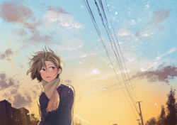 Rule 34 | 1girl, artist name, blush, cloud, original, parted lips, ryouga (fm59), scarf, short hair, sky, solo, sunset, tears, telegraph lines, tree, wide shot, wind