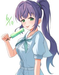 Rule 34 | 1girl, :p, absurdres, aqua neckerchief, arm at side, breasts, commentary request, dress, food, from side, green eyes, hair tie, hands up, hasu no sora school uniform, high ponytail, highres, holding, holding food, holding popsicle, ixianim, light blush, link! like! love live!, long hair, looking at viewer, looking to the side, love live!, medium breasts, neckerchief, otomune kozue, pleated dress, popsicle, purple hair, sailor collar, sailor dress, school uniform, short sleeves, sidelocks, simple background, solo, summer uniform, tongue, tongue out, upper body, virtual youtuber, white background, white dress, white sailor collar