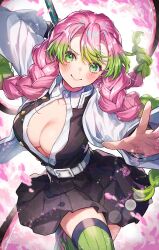 Rule 34 | 1girl, belt, belt buckle, blush, breasts, buckle, cleavage, closed mouth, commentary request, floating hair, gradient hair, green eyes, green hair, green thighhighs, hair between eyes, haori, highres, holding, holding sword, holding weapon, japanese clothes, kanroji mitsuri, kimetsu no yaiba, large breasts, lips, long hair, looking at viewer, mole, mole under each eye, mole under eye, multicolored hair, multiple moles, pink hair, ribbed thighhighs, shinishi chiho, signature, smile, solo, sword, thighhighs, tri braids, two-tone hair, weapon, whip sword, white belt