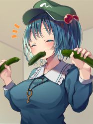 Rule 34 | 1girl, absurdres, blue hair, blue shirt, breasts, closed eyes, collared shirt, colored eyelashes, commentary request, covered erect nipples, cucumber, flat cap, food, food in mouth, frilled shirt collar, frills, green hat, hair between eyes, hair bobbles, hair ornament, hat, highres, holding, holding food, kawashiro nitori, key, large breasts, long sleeves, looking at viewer, mamemochi, notice lines, pickle, sexually suggestive, shirt, short hair, short twintails, sidelocks, solo, touhou, twintails, upper body