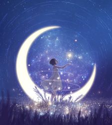 Rule 34 | 1girl, adsuger, bioluminescence, black eyes, black hair, bug, butterfly, crescent, crescent moon, dress, from side, glowing, grass, highres, insect, moon, night, short hair, sky, star (sky), star (symbol), star trail, starry sky, white dress