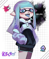 Rule 34 | 1girl, :d, black hoodie, black shorts, blue eyes, blue hair, blue tongue, blunt bangs, blush, buttons, character name, colored tongue, commentary request, cowboy shot, dolphin shorts, fish bone, grid background, hands in pockets, highres, hood, hood down, hoodie, inkling, inkling girl, inkling player character, long hair, long sleeves, looking at viewer, multicolored clothes, nintendo, open mouth, pointy ears, riru maru08, short shorts, shorts, sidelocks, simple background, smile, solo, splatoon (series), squid, standing, teeth, tentacle hair, tongue, tongue out, two-tone hoodie, upper teeth only, white background, white hoodie