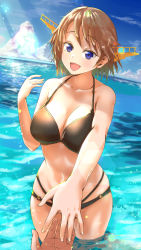 Rule 34 | 1boy, 1girl, alternate costume, asava (hutaitenn), bare arms, bare shoulders, bikini, black bikini, blue eyes, blue sky, blush, breasts, brown hair, cleavage, cloud, collarbone, commentary request, day, flipped hair, hairband, headgear, hiei (kancolle), hiei kai ni (kancolle), highres, holding hands, kantai collection, large breasts, looking at viewer, navel, o-ring, ocean, open mouth, outdoors, pov, short hair, skindentation, sky, smile, solo, sunlight, swimsuit, wading, water