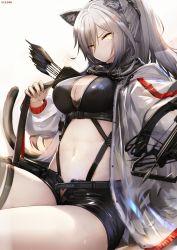 Rule 34 | 1girl, animal ear fluff, animal ears, arknights, arrow (projectile), artist name, bag, belt, black belt, black scarf, black shirt, black shorts, blush, bow (weapon), breasts, cat ears, cat tail, cleavage, closed mouth, commentary request, cowboy shot, crop top, crossbow, ear piercing, earpiece, groin, hair between eyes, highres, holding, holding crossbow, holding strap, holding weapon, jacket, large breasts, long hair, looking at viewer, navel, nekoya (liu), open belt, open clothes, open jacket, open shorts, piercing, ponytail, quiver, scarf, schwarz (arknights), see-through, shirt, short shorts, shorts, shoulder bag, sidelocks, silver hair, simple background, sitting, skindentation, sleeveless, sleeveless shirt, solo, stomach, sweat, tail, thigh strap, underbust, weapon, white background, white jacket, yellow eyes