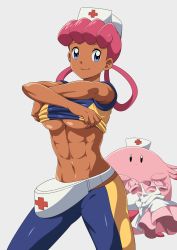 Rule 34 | 1girl, abs, blue eyes, breasts, chansey, closed mouth, commentary, commission, creatures (company), dark-skinned female, dark skin, dress, unworn dress, english commentary, eyelashes, game freak, gen 1 pokemon, hair rings, hat, highres, holding, holding clothes, holding dress, joy (pokemon), long hair, navel, nintendo, nurse cap, pink dress, pink hair, pixiv commission, pokemon, pokemon (anime), pokemon (classic anime), pokemon (creature), simple background, smile, suitenan, sweatdrop, tan, toned, undressing, white background, white headwear