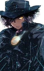 Rule 34 | 1boy, artist name, black hat, cigarette, cloak, edmond dantes (fate), fate/grand order, fate (series), fedora, glowing, glowing eye, hair over one eye, hat, highres, kojima (blue stardust), looking at viewer, male focus, one eye covered, simple background, solo, upper body, wavy hair, white background, white hair, yellow eyes