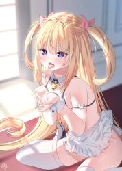 Rule 34 | 1boy, ass, bell, bikini, blonde hair, blue eyes, blush, bulge, cum, cum in mouth, erection, erection under clothes, fellatio, long hair, maid, micro bikini, naughty face, oral, original, penis, skirt, swimsuit, tongue, tongue out, trap, twintails, window