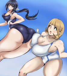 Rule 34 | 10s, 2girls, ;o, angry, antenna hair, ass, bal-anime, black hair, blonde hair, blue eyes, blue hair, blush, bouncing breasts, breasts, brown eyes, brown hair, clenched teeth, competition swimsuit, crossover, dutch angle, eyebrows, eyes visible through hair, highres, hip attack, huge ass, huge breasts, kaminashi nozomi, keijo!!!!!!!!, large breasts, leaning forward, long hair, multiple girls, narusawa ryouka, occultic;nine, one-piece swimsuit, one eye closed, open mouth, outdoors, ponytail, season connection, swimsuit, teeth, water