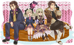 Rule 34 | 2boys, 2girls, alvin (tales), beard, blazer, blonde hair, boots, bow, brown eyes, brown hair, closed eyes, cropped jacket, crossed legs, dress, dual persona, elize lutus, facial hair, food, formal, frills, full body, green eyes, hair bow, jacket, jewelry, knee boots, multiple boys, multiple girls, necktie, one eye closed, otsuki38, pants, pendant, pie, pink background, pink necktie, ribbon, school uniform, shoes, short hair, sitting, skirt, smile, suit, symmetry, tales of (series), tales of xillia, tales of xillia 2, teepo (tales), twintails, v, wink
