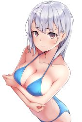 Rule 34 | 1girl, bare arms, bare shoulders, bikini, blue bikini, breast hold, breasts, cleavage, closed mouth, collarbone, cowboy shot, expressionless, halterneck, halterneck, large breasts, long hair, looking at viewer, original, pink eyes, ryuinu, silver hair, simple background, solo, string bikini, swimsuit, white background
