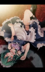 Rule 34 | 1girl, absurdres, aqua eyes, aqua hair, bad id, bad pixiv id, fairy maid (touhou), fairy wings, female focus, green eyes, green hair, highres, injury, kneehighs, letterboxed, lying, maid, maid headdress, matching hair/eyes, on back, one eye closed, open mouth, scratches, slit pupils, socks, solo, tears, torn clothes, torn wings, touhou, tsukishiro saika, upside-down, wince, wings, wink