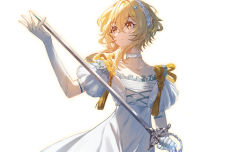 Rule 34 | 1girl, blonde hair, choker, closed mouth, collarbone, commentary request, crossed bangs, dress, elbow gloves, eyelashes, frills, genshin impact, gloves, hair between eyes, hair ornament, hairband, hairpin, highres, holding, holding sword, holding weapon, lace-trimmed choker, lace trim, looking to the side, lumine (genshin impact), short hair with long locks, sidelocks, simple background, solo, sword, tassel, weapon, white background, white choker, white dress, white gloves, white hairband, yaner 10, yellow eyes