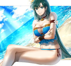 Rule 34 | 1girl, alternate hairstyle, armlet, beach, bikini, blue bikini, blue sky, breasts, cleavage, closed mouth, cloud, commentary request, crossed arms, crossed legs, day, delsaber, fingernails, fire emblem, fire emblem: the blazing blade, fire emblem heroes, flower, frilled bikini, frills, green eyes, green hair, hair between eyes, hair down, hair flower, hair ornament, jewelry, lips, long hair, looking at viewer, lyn (fire emblem), lyn (summer) (fire emblem), medium breasts, navel, necklace, nintendo, ocean, official alternate costume, pink lips, sand, sitting, sky, smile, solo, sunlight, swimsuit, very long hair, water, white flower, yellow flower