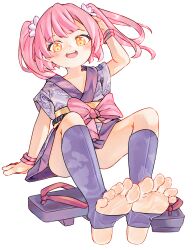 Rule 34 | 1girl, barefoot, blush, chaosexceed, dot nose, feet, foot focus, full body, geta, hand on own head, highres, japanese clothes, kimono, open mouth, orange eyes, original, pink hair, presenting foot, sandals, shoes, smile, soles, stirrup legwear, toeless footwear, toeless legwear, toes, twintails, unworn shoes, white background, wristband