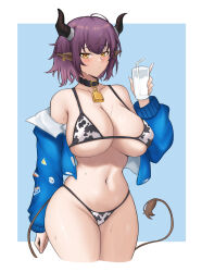 Rule 34 | 1girl, ahoge, animal ears, arknights, bare shoulders, bell, black choker, blue jacket, blush, breasts, choker, commentary request, cow print, cow print bikini, cup, drinking glass, drinking straw, fangs (fangs art), groin, hand up, highres, holding, holding cup, horns, huge breasts, jacket, large breasts, long sleeves, looking at viewer, navel, neck bell, off shoulder, print bikini, purple hair, short hair, sideroca (arknights), sideroca (light breeze) (arknights), solo, standing, stomach, tail, thighs, yellow eyes