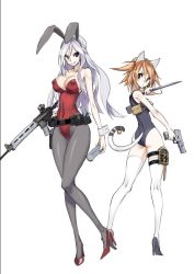 Rule 34 | 2girls, animal ears, assault rifle, bare shoulders, bell, belt, black footwear, black one-piece swimsuit, black school swimsuit, breasts, brown eyes, cat ears, cat tail, covered erect nipples, covered navel, fake animal ears, fn five-seven, grey legwear, grin, gun, half updo, handgun, high heels, hk33, holding, holding gun, holding knife, holding weapon, knife, large breasts, legband, leotard, light brown hair, long hair, long legs, looking at viewer, looking back, m4 carbine, multiple girls, one-piece swimsuit, original, pantyhose, pdw-caliber pistol, playboy bunny, puffy nipples, red footwear, rifle, school swimsuit, scowl, shoes, short hair, silver hair, smile, swimsuit, tail, thigh strap, thighhighs, two side up, utility belt, weapon, white background, white legwear, wrist cuffs