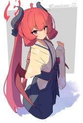 Rule 34 | 1girl, black hakama, black horns, blue archive, closed mouth, commentary request, grey background, hakama, halo, highres, horns, japanese clothes, junko (blue archive), junko (new year) (blue archive), kimono, long hair, long sleeves, looking at viewer, purple eyes, red eyes, red hair, red halo, red wings, solo, tetenka, twitter username, two-tone background, white background, wide sleeves, wings, yellow kimono