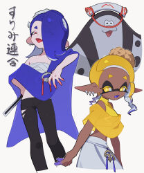 Rule 34 | 1boy, 2girls, :3, :d, absurdres, asymmetrical hair, bare shoulders, big man (splatoon), black pants, blonde hair, blue hair, blue shawl, breasts, cephalopod eyes, chest sarashi, colored tongue, commentary request, crop top, cropped legs, dark-skinned female, dark skin, earrings, eyes visible through hair, fang, folded fan, folding fan, frye (splatoon), gradient hair, hair over one eye, hairband, hand fan, hand on own hip, highres, holding, holding fan, horizontal pupils, inkling, jewelry, long pointy ears, manta ray, medium hair, midriff, multicolored hair, multiple earrings, multiple girls, navel, nintendo, octoling, open mouth, pants, pink pupils, pointy ears, purple tongue, red eyes, sarashi, see-through, see-through shawl, shawl, shirt, shiver (splatoon), short eyebrows, skin fang, small breasts, smile, splatoon (series), splatoon 3, star-shaped pupils, star (symbol), suction cups, surume01417, symbol-shaped pupils, tentacle hair, tongue, tongue out, torn clothes, torn pants, translation request, two-tone hair, white background, white hairband, white pants, yellow eyes, yellow shawl, yellow shirt
