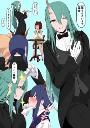 Rule 34 | 4girls, :o, arknights, black bow, black bowtie, black jacket, black pants, blue background, blue hair, blush, bow, bowtie, brown eyes, brown hair, ch&#039;en (arknights), commentary request, drill hair, faceless, faceless female, formal, gloves, green hair, grey vest, hand up, highres, horns, hoshiguma (arknights), jacket, long hair, long sleeves, makino, multiple girls, nose blush, on chair, one eye closed, pant suit, pants, parted lips, red bow, red bowtie, shirt, simple background, single horn, sitting, suit, sweater vest, swire (arknights), table, translation request, twin drills, very long hair, vest, white gloves, white shirt