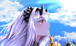 Rule 34 | 3girls, ahoge, alencia (epic seven), artist name, black hairband, black horns, blonde hair, blue sky, charlotte (epic seven), close-up, closed mouth, cloud, cloudy sky, commentary, crown, crown hair ornament, day, dragon girl, dragon horns, english commentary, epic seven, from side, green hair, hair intakes, hairband, highres, horns, lens flare, light smile, long hair, looking to the side, mini crown, multiple girls, out of frame, pointy ears, red eyes, sidelocks, sky, solo focus, sunlight, twomoon, white hair, yufine (epic seven)