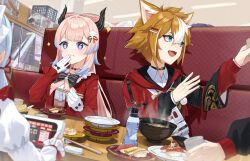 2boys 4girls absurdres animal_ears ayaka_(genshin_impact) belt black_bow blue_hair bow bow-shaped_hair chopsticks closed_mouth colored_tips couch dog_boy dog_ears food food_on_face genshin_impact glove_bow gloves gorou_(genshin_impact) gorou_(sushiro)_(genshin_impact) hair_ornament half_gloves hand_up highres holding holding_chopsticks indoors jacket jewelry long_hair long_sleeves looking_to_the_side multicolored_hair multiple_boys multiple_girls necklace on_couch open_clothes open_jacket pink_hair raiden_shogun red_belt red_bow red_jacket sangonomiya_kokomi sangonomiya_kokomi_(sushiro) shell_hair_ornament sitting sparkling_eyes thick_eyebrows thoma_(genshin_impact) tsukimori_mochi white_gloves yae_miko