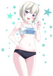 Rule 34 | 1girl, :d, blush, buruma, bustier, cowboy shot, covered erect nipples, fang, hand on own hip, highres, kaze makase, looking at viewer, navel, open mouth, purple eyes, short hair, smile, solo, sports bikini, star (symbol), stomach, white hair
