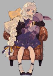 Rule 34 | 1girl, :o, ahoge, alternate costume, alternate hairstyle, armchair, bangle, black footwear, black jacket, blue eyes, bracelet, braid, brbr vrvr, chair, collared dress, commentary, dated, dress, footwear request, fur-trimmed jacket, fur trim, grey background, hair ribbon, highres, holding, holding stuffed toy, jacket, jewelry, kizuna akari, long hair, long sleeves, looking at viewer, open clothes, open jacket, open mouth, orange ribbon, pigeon-toed, pinstripe dress, pinstripe pattern, purple dress, purple ribbon, ribbon, shirt, shoes, signature, single braid, sitting, socks, solo, sparkle hair ornament, star-shaped pillow, striped, stuffed animal, stuffed rabbit, stuffed toy, two-tone ribbon, very long hair, voiceroid, white hair, white shirt, white socks