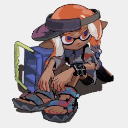 1girl asymmetrical_hair bike_shorts black_shorts blue_pupils braid bucket closed_mouth dark-skinned_female dark_skin full_body grey_shirt hyper_chikuwabu ink_tank_(splatoon) inkling inkling_girl inkling_player_character long_hair nintendo orange_eyes orange_hair pointy_ears sandals shadow shirt short_sleeves shorts sideways_hat simple_background sitting solo splatoon_(series) tentacle_hair tri-slosher_(splatoon) visor_cap white_background