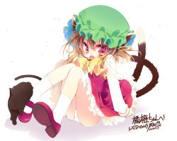 Rule 34 | 1girl, animal ears, brown hair, cat, cat ears, cat tail, chen, full body, hat, looking at viewer, mary janes, mitaringo, mob cap, multiple tails, nekomata, panties, red eyes, shoes, short hair, simple background, sitting, solo focus, tail, touhou, two tails, underwear, white background, white legwear, white panties