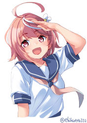 Rule 34 | 1girl, :d, blush, cropped torso, ebifurya, flower, hair flower, hair ornament, highres, i-58 (kancolle), kantai collection, looking at viewer, neckerchief, open mouth, pink eyes, pink hair, school uniform, serafuku, short hair, simple background, smile, solo, twitter username, upper body, white background