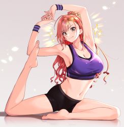 Rule 34 | 1girl, arisugawa natsuha, armpits, arms up, bare shoulders, barefoot, bike shorts, blush, breasts, cleavage, collarbone, commentary request, earrings, flexible, full body, grey eyes, groin, hair between eyes, heart arms, highres, ice reizou, idolmaster, idolmaster shiny colors, jewelry, large breasts, long hair, looking at viewer, midriff, navel, orange hair, own hands together, ponytail, purple sports bra, shadow, sidelocks, simple background, smile, smug, solo, sparkle, split, sports bra, swept bangs, white background, wristband