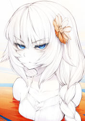 Rule 34 | 1girl, bare shoulders, blue eyes, blush, braid, breasts, cluseller, collarbone, female focus, flower, gradient background, hair flower, hair ornament, half-closed eyes, highres, light blush, long hair, looking at viewer, orange background, orange flower, original, parted lips, partially submerged, simple background, sleeveless, small breasts, solo, spaghetti strap, spot color, upper body, v-shaped eyebrows, white theme