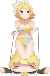 Rule 34 | 1girl, bikini, blonde hair, blue eyes, blush, breasts, collarbone, full body, grin, hair ornament, halterneck, kagamine len, kagamine rin, kneeling, looking at viewer, navel, pianzu mao, shiny skin, short hair, small breasts, smile, solo, swimsuit, vocaloid