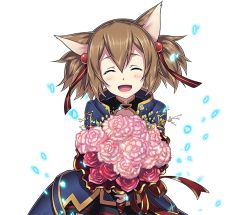 Rule 34 | 1girl, animal ears, black skirt, bouquet, brown hair, cat ears, flower, hair ribbon, holding, holding bouquet, long hair, miniskirt, pink flower, pleated skirt, red flower, red ribbon, ribbon, short twintails, silica, silica (sao-alo), skirt, solo, sword art online, transparent background, twintails, upper body