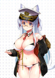 Rule 34 | 1girl, animal ears, bikini, black-framed eyewear, black jacket, blue eyes, breasts, cat ears, cat girl, cat tail, cleavage, closed mouth, collar, commentary request, cowboy shot, crotch seam, detached collar, epaulettes, glasses, hair ribbon, hat, highres, jacket, kiryuu takahisa, large breasts, long hair, long sleeves, looking at viewer, military hat, military jacket, navel, necktie, no pants, off shoulder, open clothes, open jacket, original, peaked cap, polka dot, polka dot background, red necktie, red ribbon, ribbon, semi-rimless eyewear, side-tie bikini bottom, smile, solo, standing, swimsuit, tail, thigh gap, two side up, under-rim eyewear, white bikini, white collar, white hair, wing collar