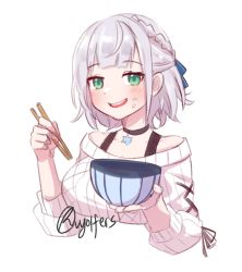 Rule 34 | 1girl, artist name, blush, bowl, braid, breasts, chopsticks, commentary, crown braid, english commentary, food, food on face, green eyes, hair behind ear, highres, holding, holding bowl, holding chopsticks, hololive, large breasts, looking at viewer, open mouth, rice, rice on face, shirogane noel, shirogane noel (casual), short hair, silver hair, smile, solo, sweater, upper body, virtual youtuber, vyolfers, white sweater