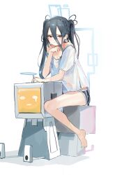 Rule 34 | &lt;key&gt; (blue archive), 1girl, absurdres, barefoot, black hair, black shorts, blue archive, blue halo, closed mouth, ggab0621, hair between eyes, halo, highres, legs, looking at viewer, off-shoulder shirt, off shoulder, red eyes, shirt, short shorts, shorts, simple background, sitting, solo, t-shirt, toes, two side up, white background, white shirt