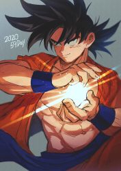 Rule 34 | 1boy, 2020, abs, belt, black eyes, black hair, blue belt, blurry, blurry background, closed mouth, collarbone, cupping hands, dated, depth of field, dragon ball, dragon ball super, dragonball z, energy ball, facing viewer, fingernails, grey background, hands up, highres, light, light particles, light rays, looking afar, looking to the side, loose belt, male focus, mamefuku (mamedehuku), muscular, navel, open clothes, open shirt, orange shirt, own hands together, pectorals, shaded face, shirt, simple background, smile, solo, son goku, spiked hair, upper body, wristband