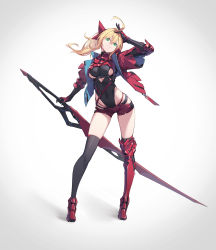 Rule 34 | 1girl, ahoge, arm up, armored boots, black thighhighs, blonde hair, boots, bow, breasts, closed mouth, clothing cutout, commentary, covered navel, fate/grand order, fate (series), full body, gauntlets, green eyes, hair between eyes, hair bow, head tilt, highleg, highleg leotard, highres, holding, holding sword, holding weapon, jacket, leotard, leotard under clothes, long hair, looking at viewer, medium breasts, nero claudius (fate), nero claudius (fate) (all), nian (zhanian), open clothes, open jacket, ponytail, red bow, red footwear, red jacket, red shorts, short shorts, shorts, single thigh boot, smile, solo, standing, sword, thigh boots, thighhighs, underboob, underboob cutout, v-shaped eyebrows, weapon