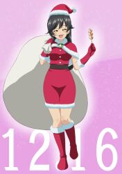 Rule 34 | 1girl, :d, bell, black hair, boots, capelet, christmas, closed eyes, commentary, dango, dated, dress, facing viewer, food, food on face, fur-trimmed capelet, fur-trimmed dress, fur-trimmed footwear, fur-trimmed gloves, fur trim, girls und panzer, gloves, hat, highres, holding, holding food, holding sack, isuzu hana, knee boots, light rays, long hair, medium dress, nao (nao puku777), neck bell, open mouth, over shoulder, pencil dress, purple background, red capelet, red dress, red footwear, red gloves, red hat, sack, santa boots, santa dress, santa gloves, santa hat, smile, solo, standing, standing on one leg, wagashi