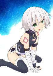 Rule 34 | 1girl, arm belt, bandaged arm, bandages, bare shoulders, black panties, black thighhighs, blush, fate/apocrypha, fate (series), fingerless gloves, gloves, green eyes, hair between eyes, jack the ripper (fate/apocrypha), kazawa (tonzura-d), multicolored background, no shoes, open mouth, panties, scar, scar across eye, scar on face, short hair, shoulder tattoo, silver hair, single glove, sitting, solo, star (symbol), tattoo, thighhighs, two-tone background, underwear