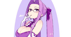Rule 34 | 1girl, bare shoulders, breasts, chan co, china dress, chinese clothes, cleavage, dress, earrings, elbow gloves, fate/stay night, fate (series), forehead, glasses, gloves, hair ribbon, jewelry, large breasts, long hair, looking at viewer, medusa (fate), medusa (rider) (fate), ponytail, purple eyes, purple hair, ribbon, solo, tongue, tongue out, very long hair, white gloves